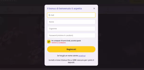 Schermata di registrazione